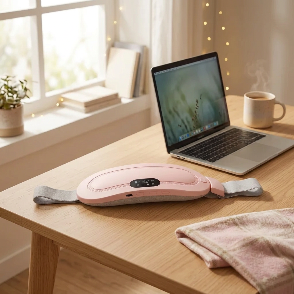 Ceinture chauffante Nuaëlle sur un bureau à côté d'un ordinateur